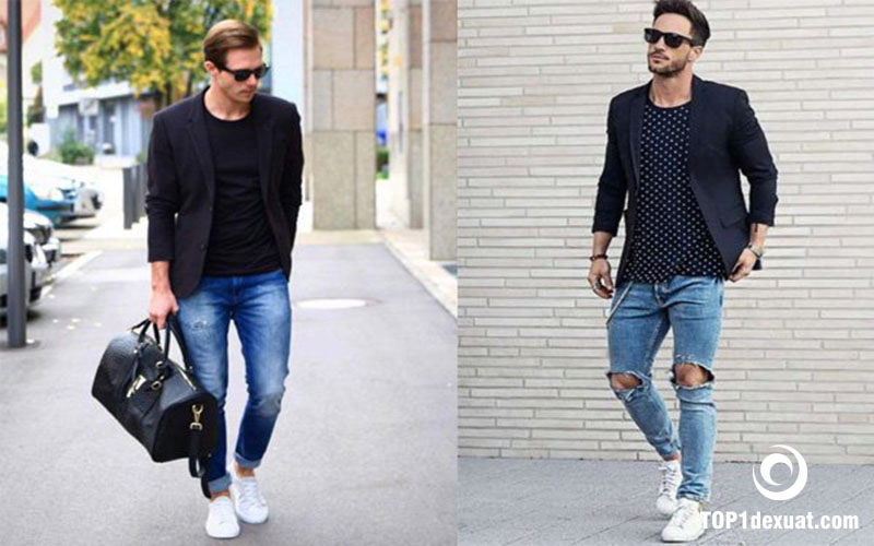 Áo vest + Quần jeans + giày sneaker