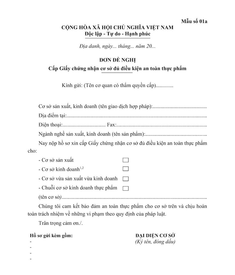 Mẫu đơn xin cấp giấy chứng nhận cơ sở đủ điều kiện an toàn thực phẩm mẫu đơn xin cấp giấy phép vsattp
