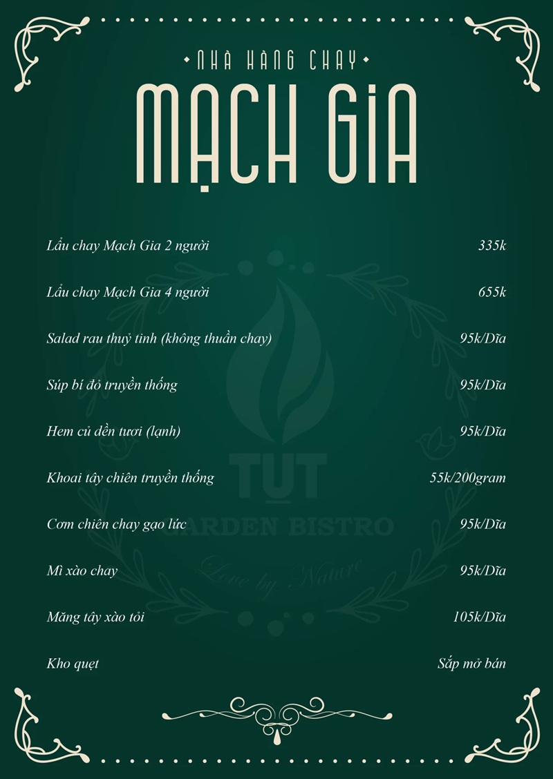 Menu món chay tại Nhà hàng Mạch Gia. Ảnh: Nhà hàng chay Mạch Gia Menu món chay Đà Lạt